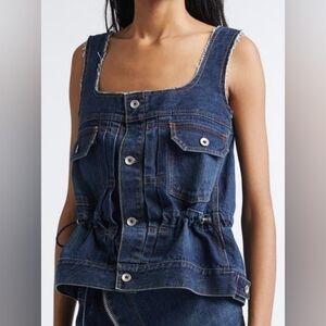 SACAI Frayed Denim Tank Top Vest Blue Square Neck 1 XS - S NWOT